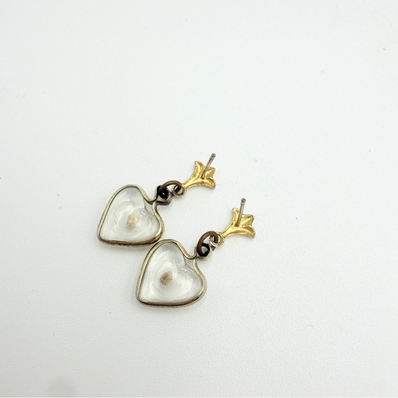 Vintage Gold Heart Drop Earrings with Clear Resin and Floral Detail - Picture 5 of 7